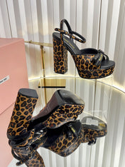 MIUMIU 26S PLATFORM ANKLE STRAP SANDALS 120MM IN LEOPARD PRINT CALF HAIR WITH BOW
