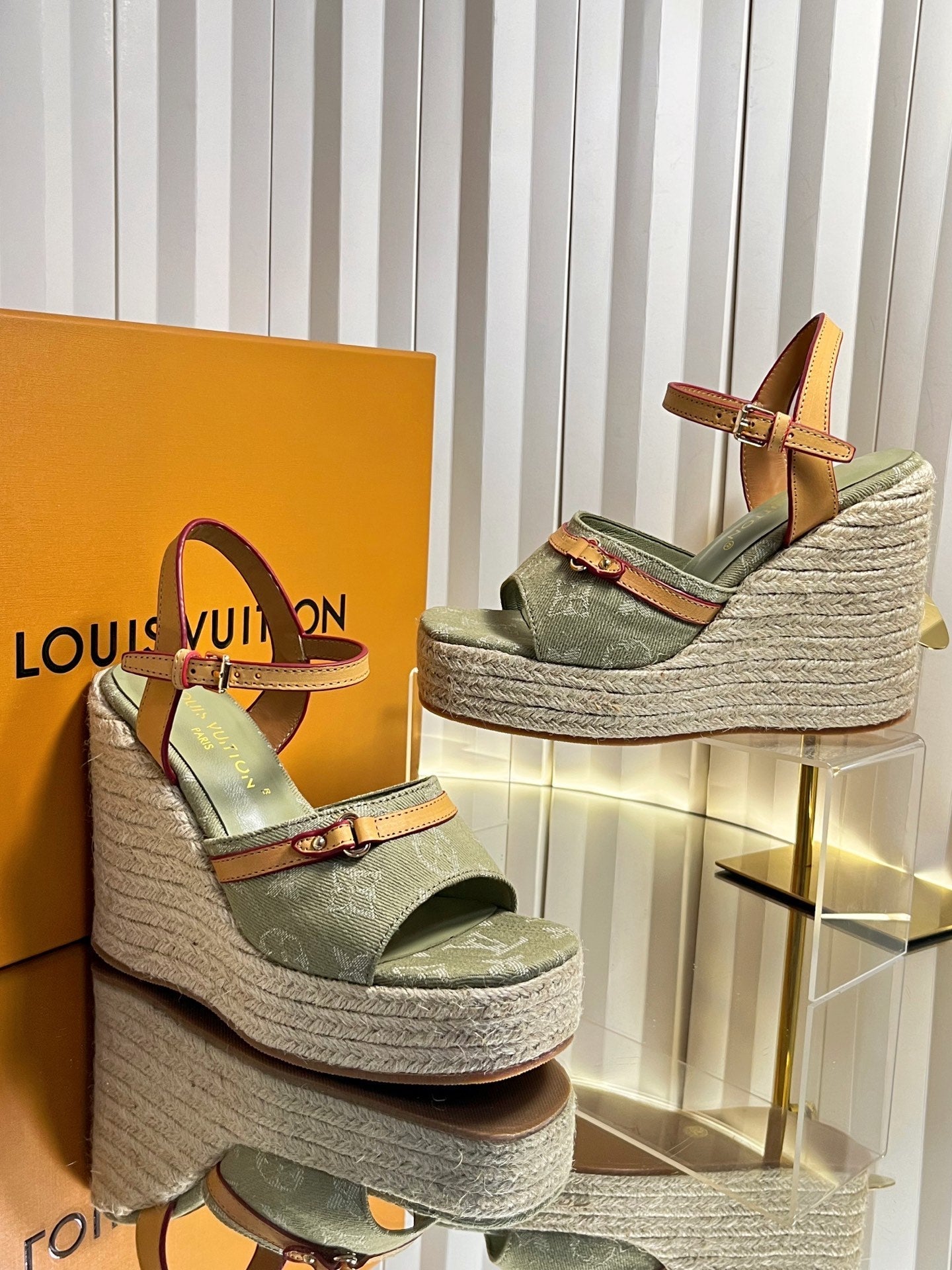 LV 26S HELIOS WEDGE SANDAL 120MM IN KHAKI GREEN MONOGRAM DENIM
