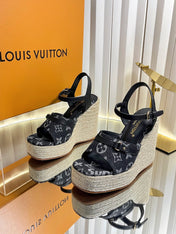 LV 26S HELIOS WEDGE SANDAL 120MM IN BLACK MONOGRAM DENIM