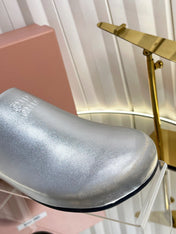 MIUMIU 26S CLOG MULES IN SILVER CALFSKIN