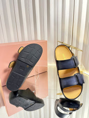 MIUMIU 26S DOUBLE-STRAP SLIDES IN BLACK CALFSKIN
