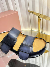 MIUMIU 26S DOUBLE-STRAP SLIDES IN BLACK CALFSKIN