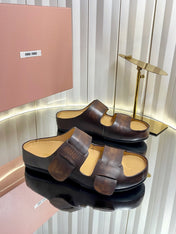 MIUMIU 26S DOUBLE-STRAP SLIDES IN CARAMEL BROWN CALFSKIN