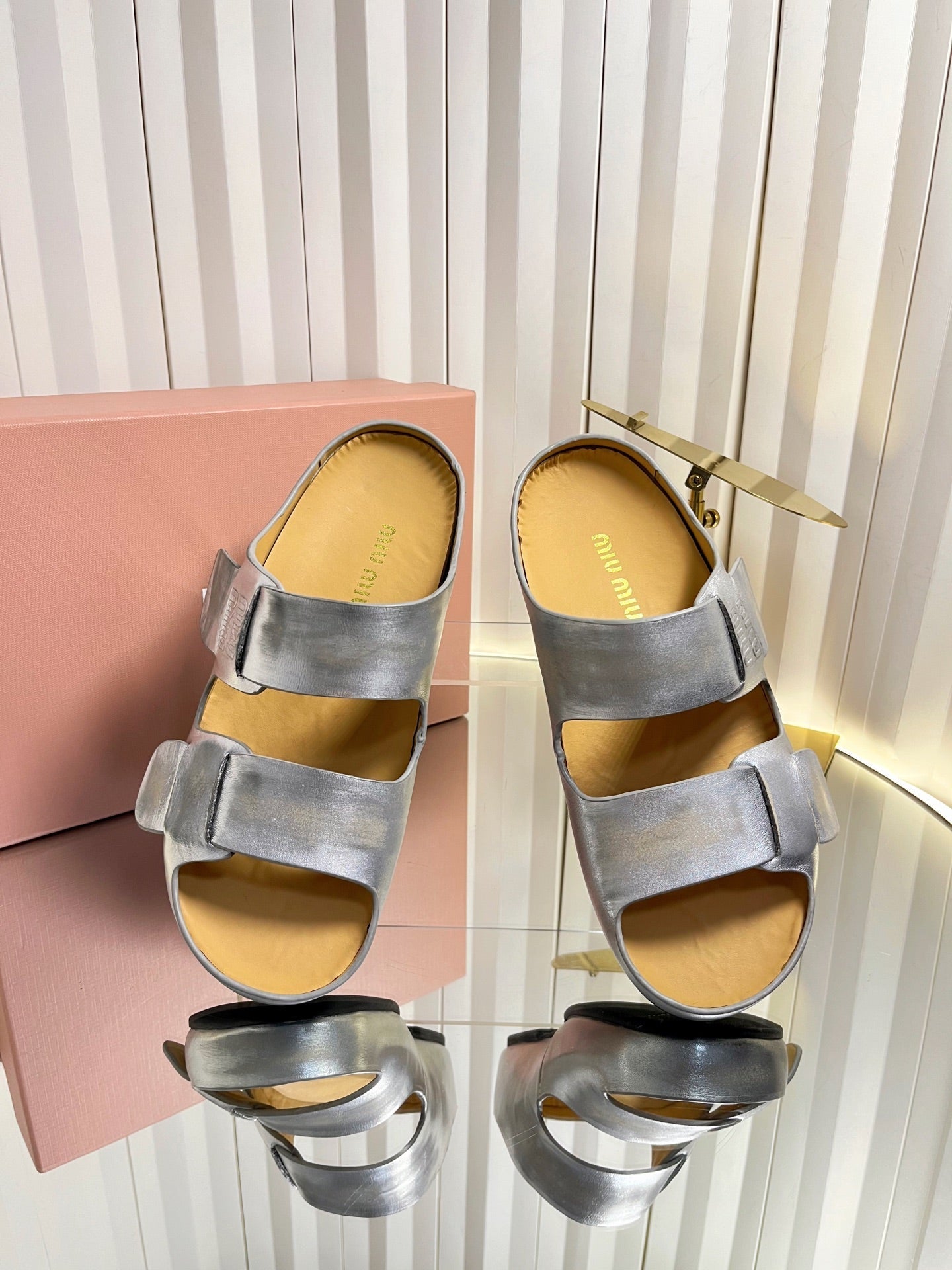 MIUMIU 26S DOUBLE-STRAP SLIDES IN SILVER CALFSKIN