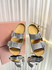 MIUMIU 26S DOUBLE-STRAP SLIDES IN SILVER CALFSKIN
