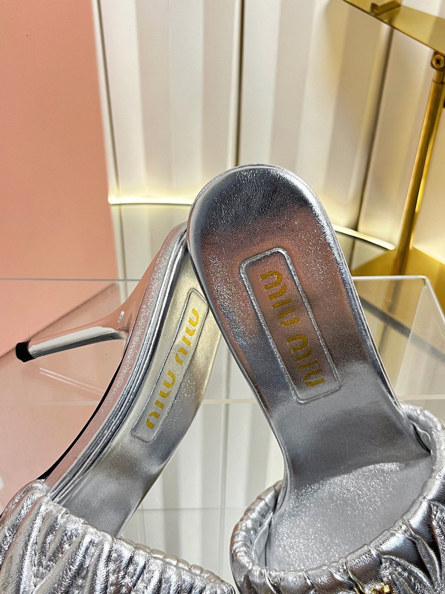 MIUMIU 26S HIGH-HEEL MULE SANDALS 85MM IN SILVER CALFSKIN GOLD HARDWARE