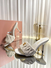 MIUMIU 26S HIGH-HEEL MULE SANDALS 85MM IN LIGHT BEIGE CALFSKIN GOLD HARDWARE