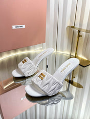 MIUMIU 26S HIGH-HEEL MULE SANDALS 85MM IN WHITE CALFSKIN GOLD HARDWARE