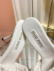 MIUMIU 26S HIGH-HEEL MULE SANDALS 85MM IN WHITE CALFSKIN GOLD HARDWARE