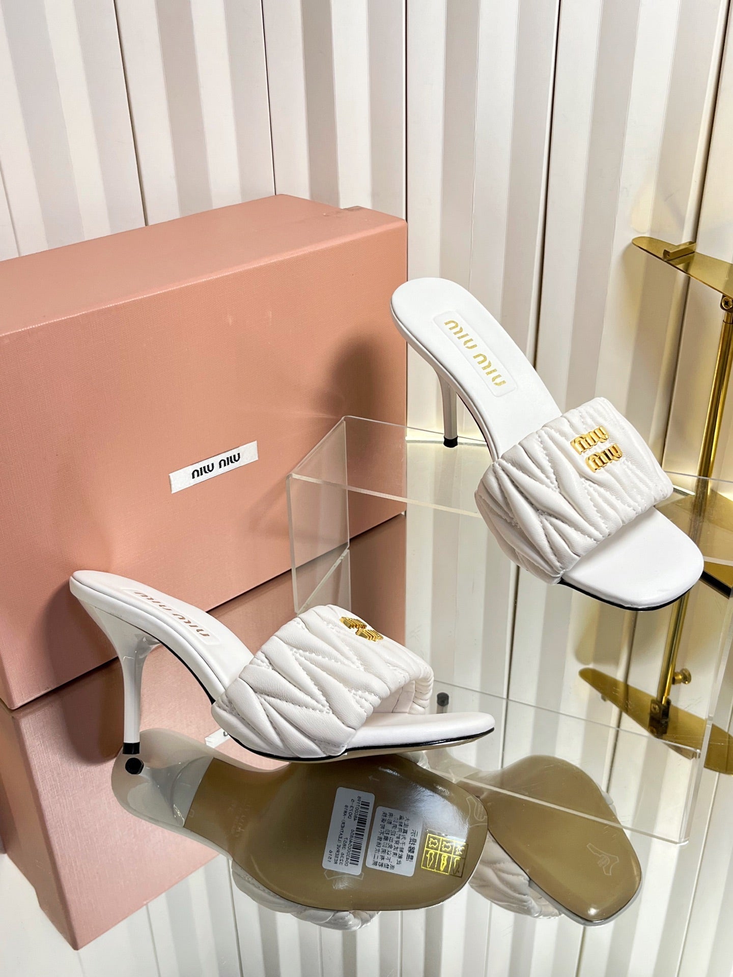 MIUMIU 26S HIGH-HEEL MULE SANDALS 85MM IN WHITE CALFSKIN GOLD HARDWARE