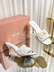 MIUMIU 26S HIGH-HEEL MULE SANDALS 85MM IN WHITE CALFSKIN GOLD HARDWARE