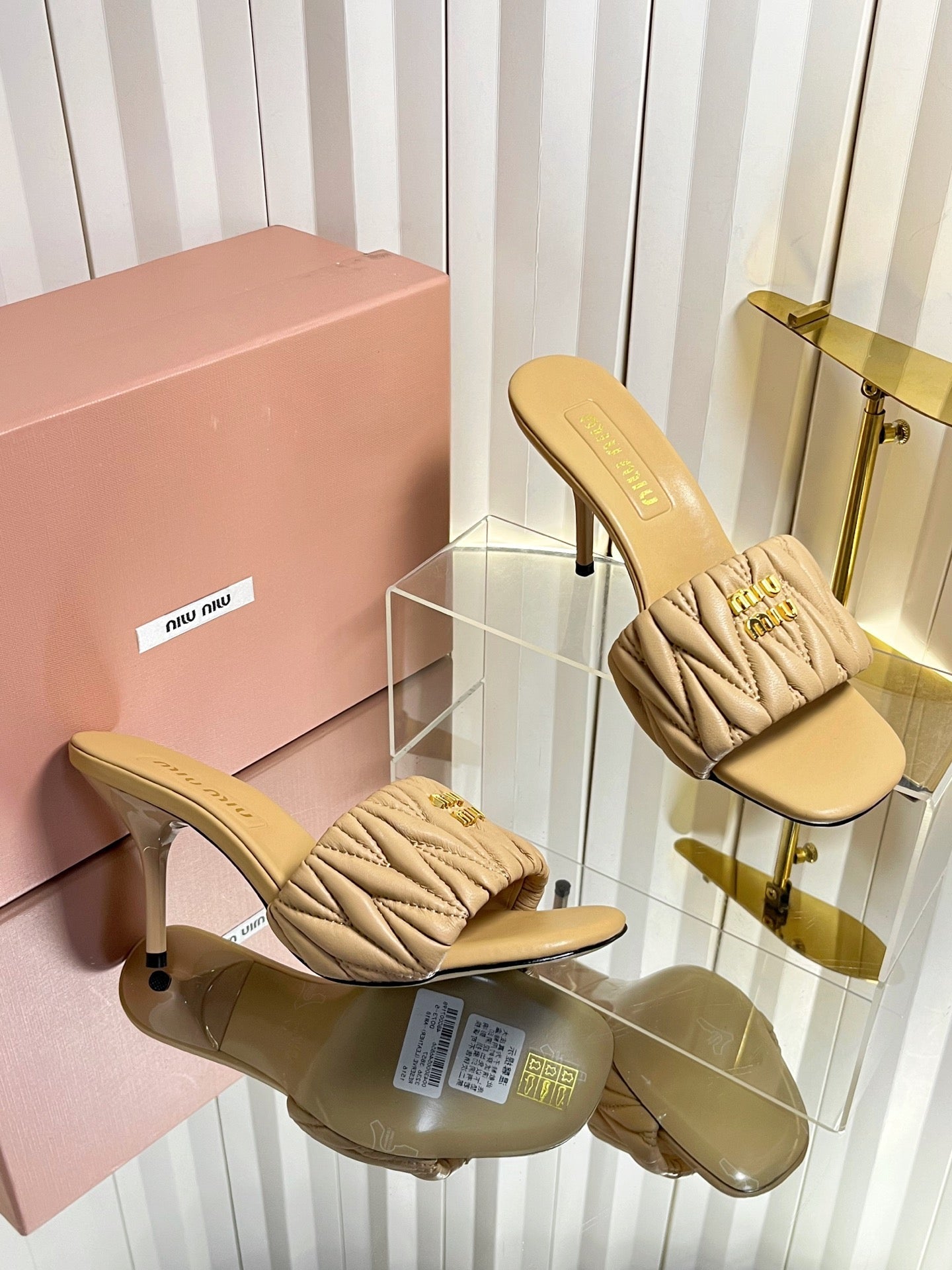 MIUMIU 26S HIGH-HEEL MULE SANDALS 85MM IN BEIGE CALFSKIN GOLD HARDWARE