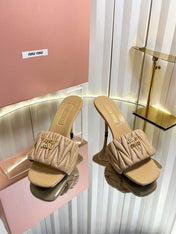 MIUMIU 26S HIGH-HEEL MULE SANDALS 85MM IN BEIGE CALFSKIN GOLD HARDWARE