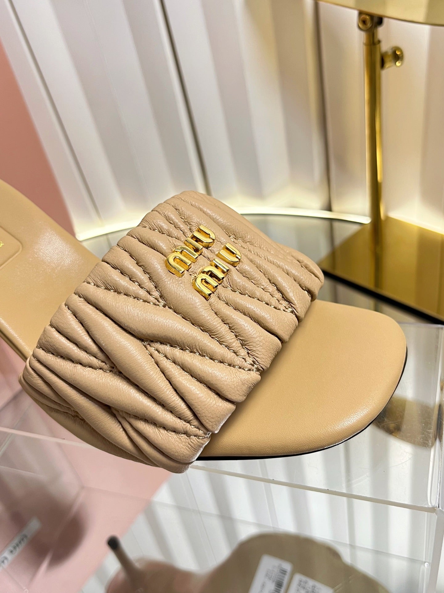 MIUMIU 26S HIGH-HEEL MULE SANDALS 85MM IN BEIGE CALFSKIN GOLD HARDWARE