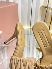 MIUMIU 26S HIGH-HEEL MULE SANDALS 85MM IN BEIGE CALFSKIN GOLD HARDWARE