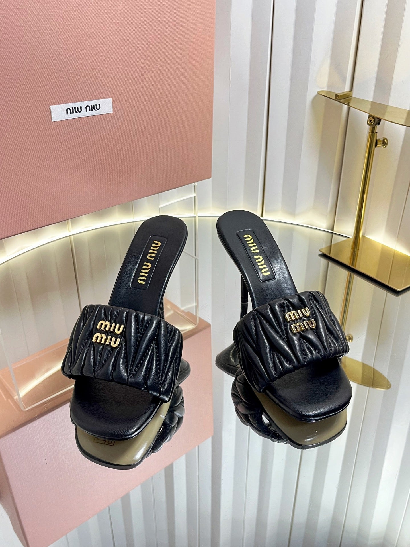MIUMIU 26S HIGH-HEEL MULE SANDALS 85MM IN BLACK CALFSKIN GOLD HARDWARE