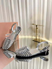 MIUMIU 26S SLINGBACK SANDALS IN SILVER CALFSKIN