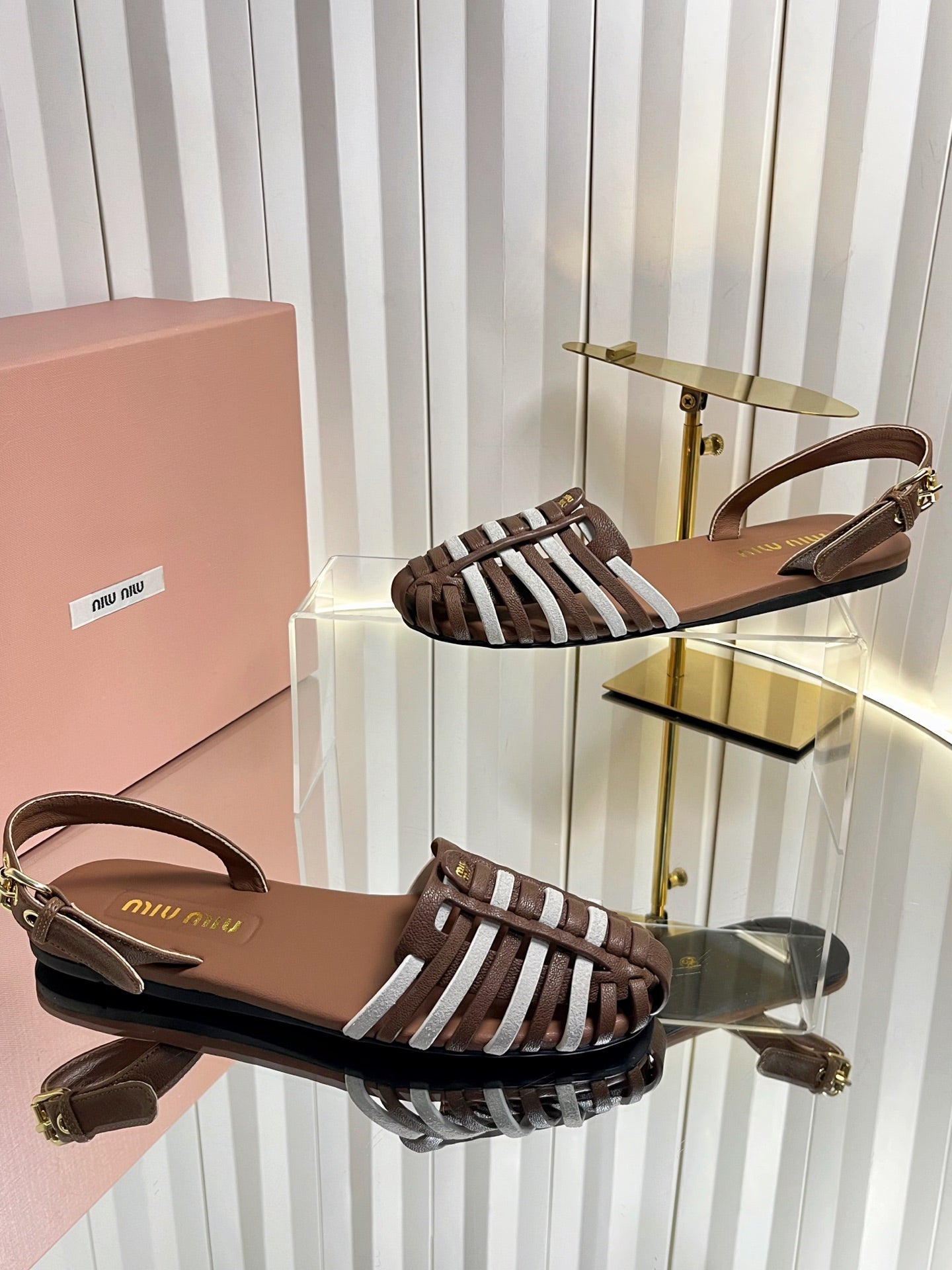 MIUMIU 26S SLINGBACK SANDALS IN DARK BROWN AND WHITE CALFSKIN