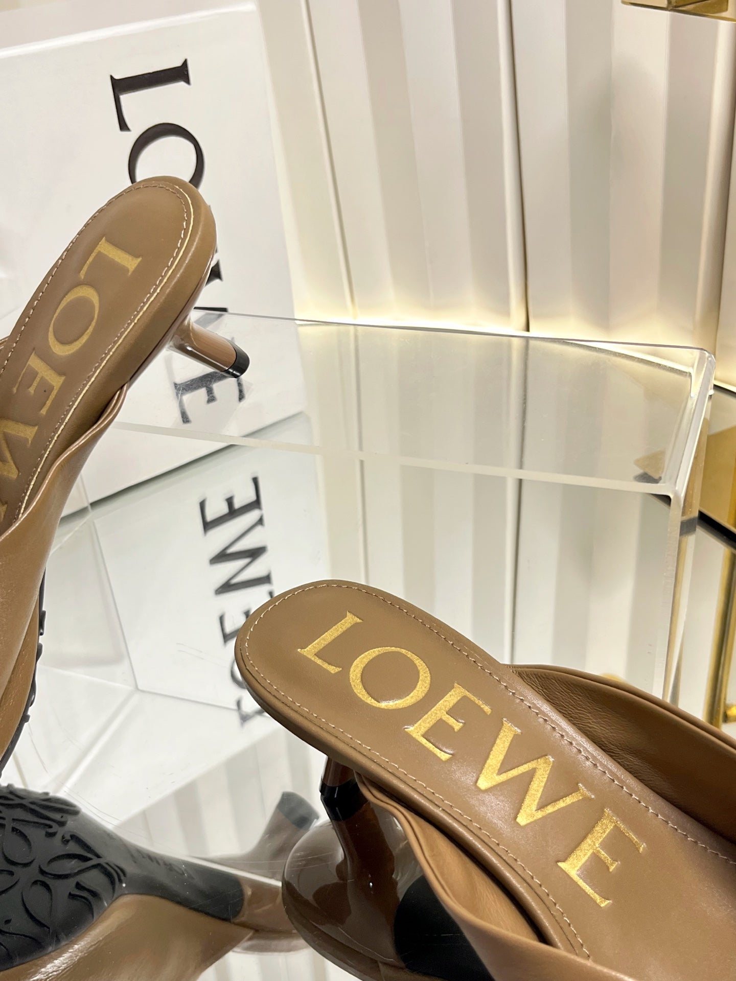 LOEWE 26S HEELED SANDALS 45 MM IN CAMEL BROWN CALFSKIN