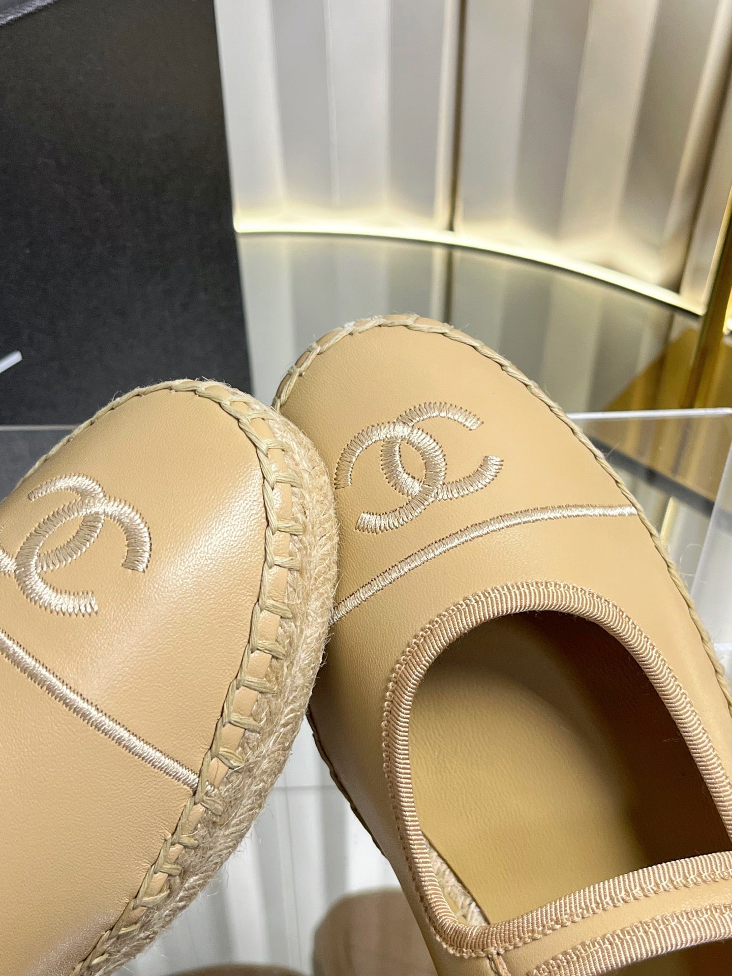 CHANEL 26S ESPADRILLE MARY JANE SHOES IN BEIGE LAMBSKIN