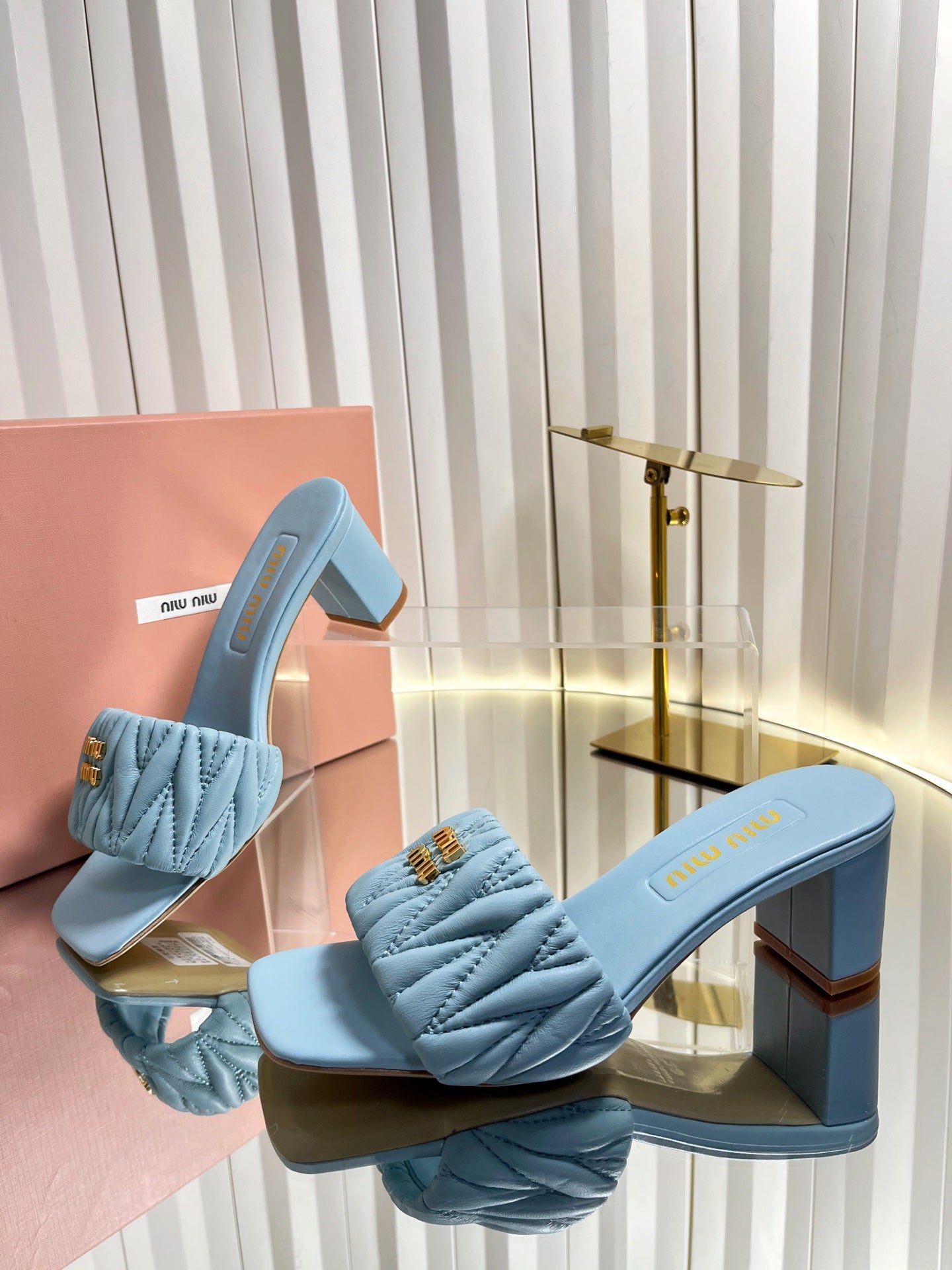 MIUMIU 26S PADDED MATELASSE MULE HEELS 65MM IN LIGHT BLUE CALFSKIN GOLD HARDWARE