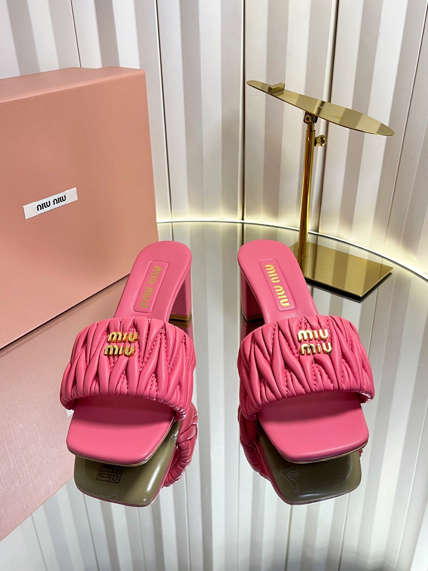 MIUMIU 26S PADDED MATELASSE MULE HEELS 65MM IN PINK CALFSKIN GOLD HARDWARE