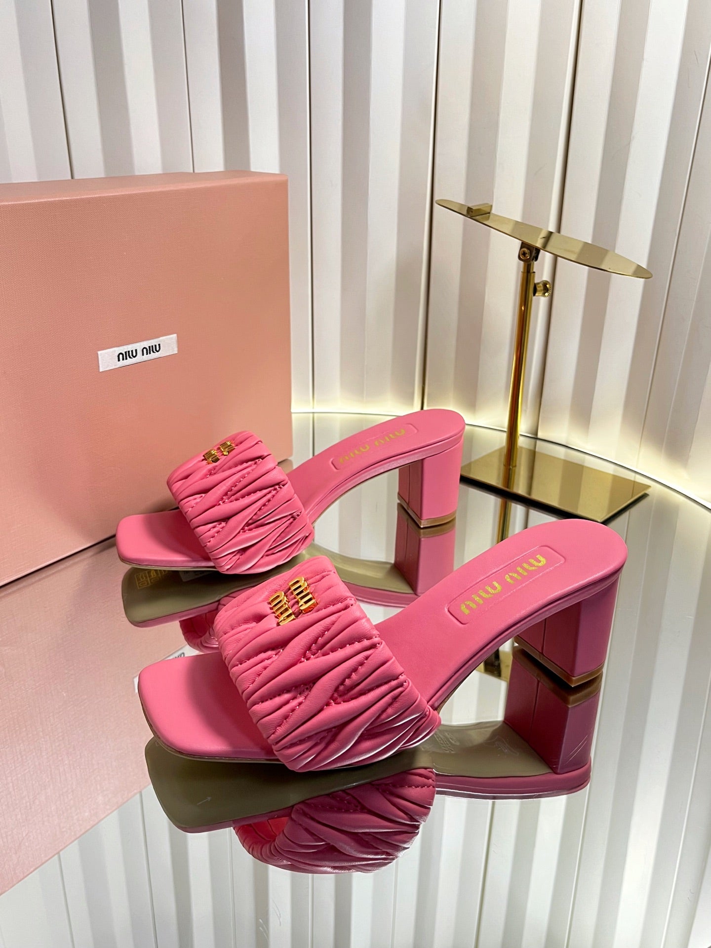 MIUMIU 26S PADDED MATELASSE MULE HEELS 65MM IN PINK CALFSKIN GOLD HARDWARE