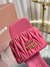 MIUMIU 26S PADDED MATELASSE MULE HEELS 65MM IN PINK CALFSKIN GOLD HARDWARE