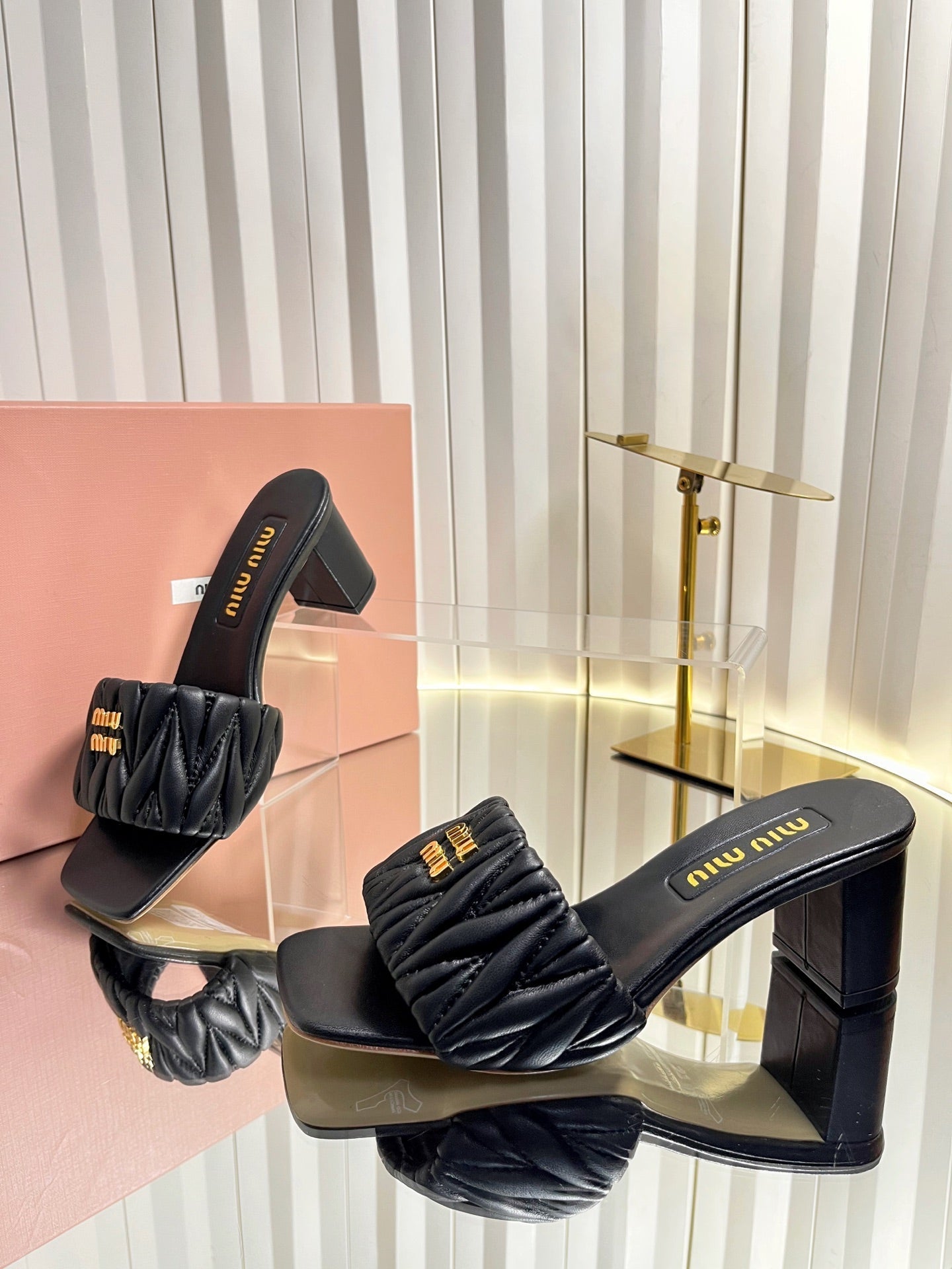 MIUMIU 26S PADDED MATELASSE MULE HEELS 65MM IN BLACK CALFSKIN GOLD HARDWARE