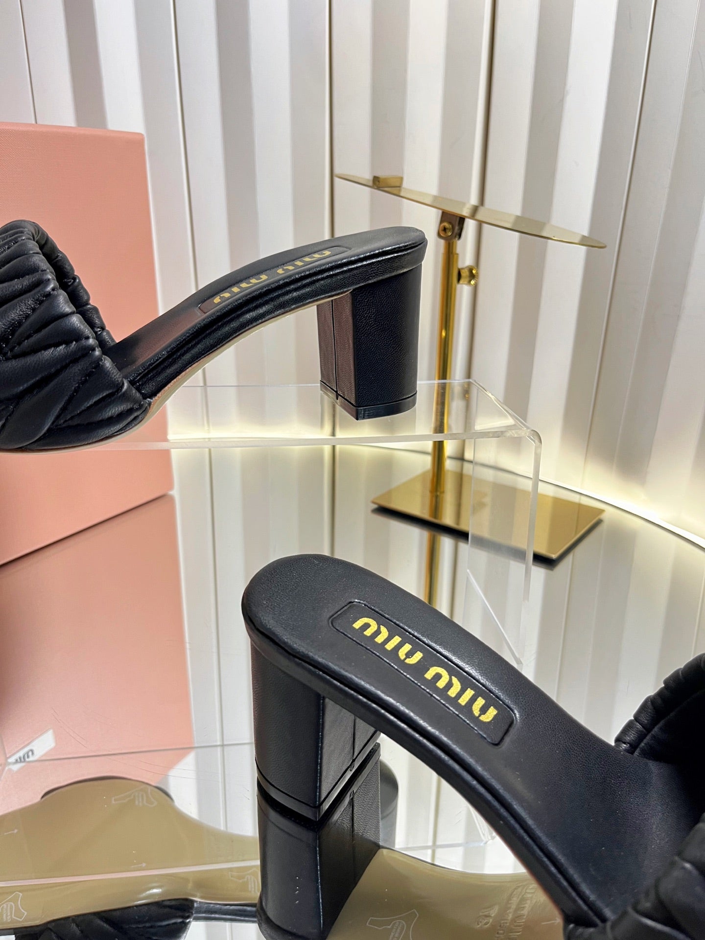 MIUMIU 26S PADDED MATELASSE MULE HEELS 65MM IN BLACK CALFSKIN GOLD HARDWARE