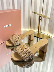 MIUMIU 26S PADDED MATELASSE MULE HEELS 65MM IN BEIGE CALFSKIN GOLD HARDWARE