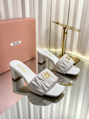 MIUMIU 26S PADDED MATELASSE MULE HEELS 65MM IN WHITE CALFSKIN GOLD HARDWARE