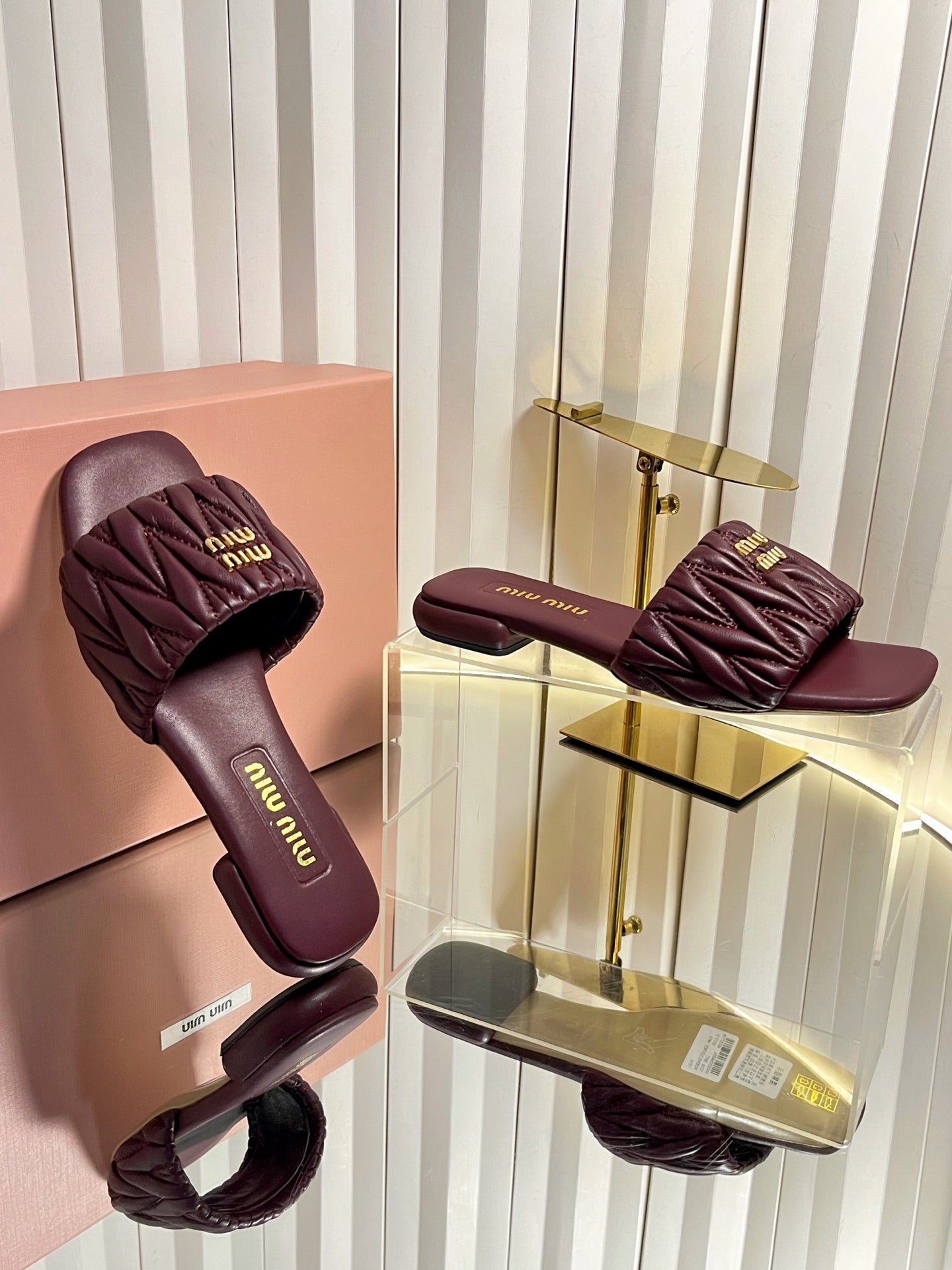 MIUMIU 26S MATELASSE SLIDES IN BURGUNDY RED CALFSKIN GOLD HARDWARE