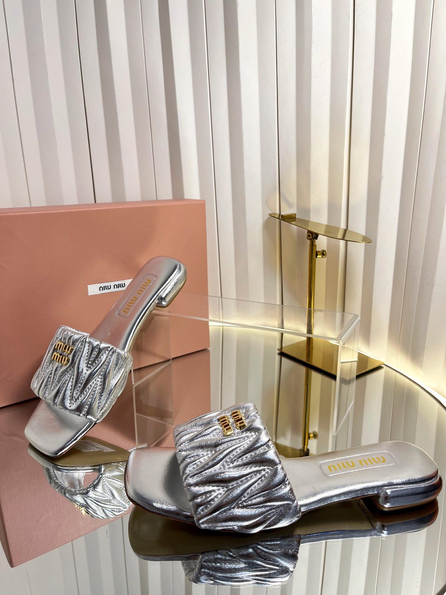 MIUMIU 26S MATELASSE SLIDES IN SILVER CALFSKIN GOLD HARDWARE
