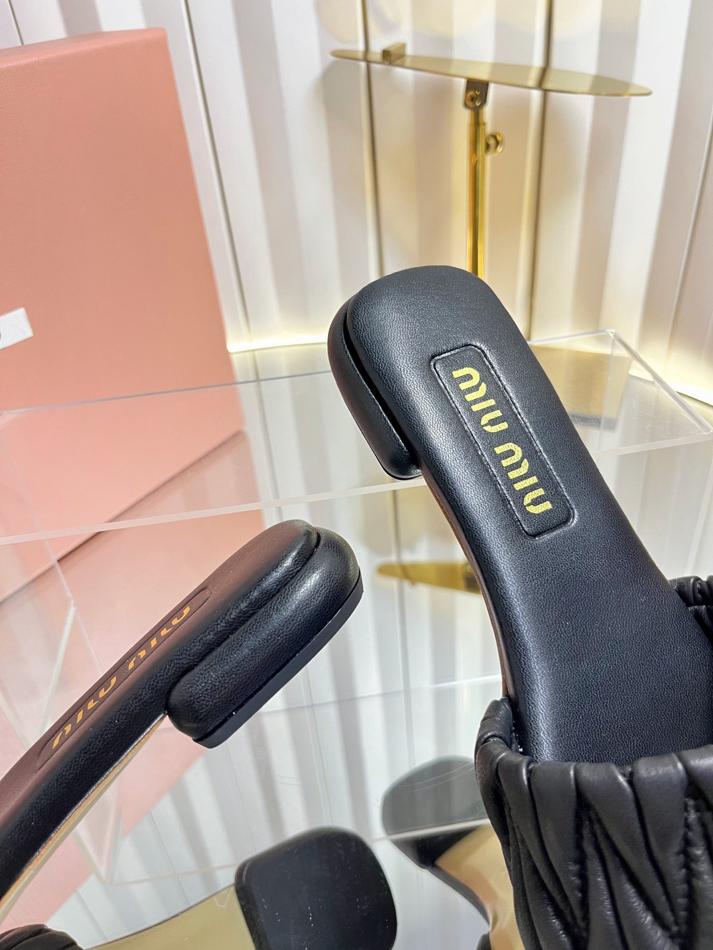 MIUMIU 26S MATELASSE SLIDES IN BLACK CALFSKIN GOLD HARDWARE