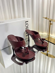 LOEWE 26S HEELED THONG SANDALS 90 MM IN DARK RED CALFSKIN