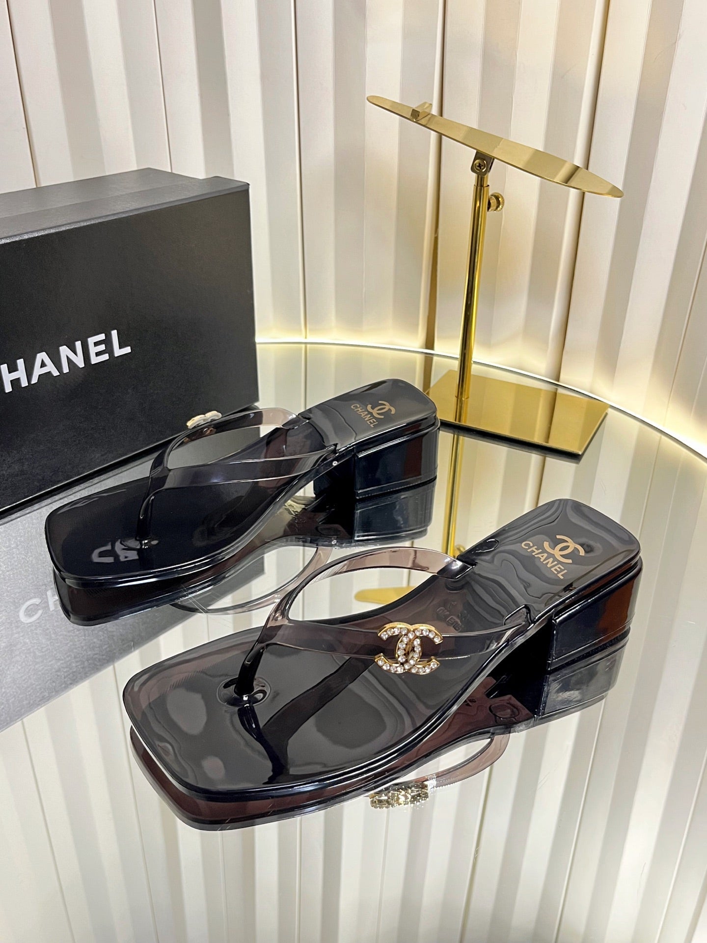 CHANEL 26S TRANSPARENT THONG SANDALS IN BLACK PVC