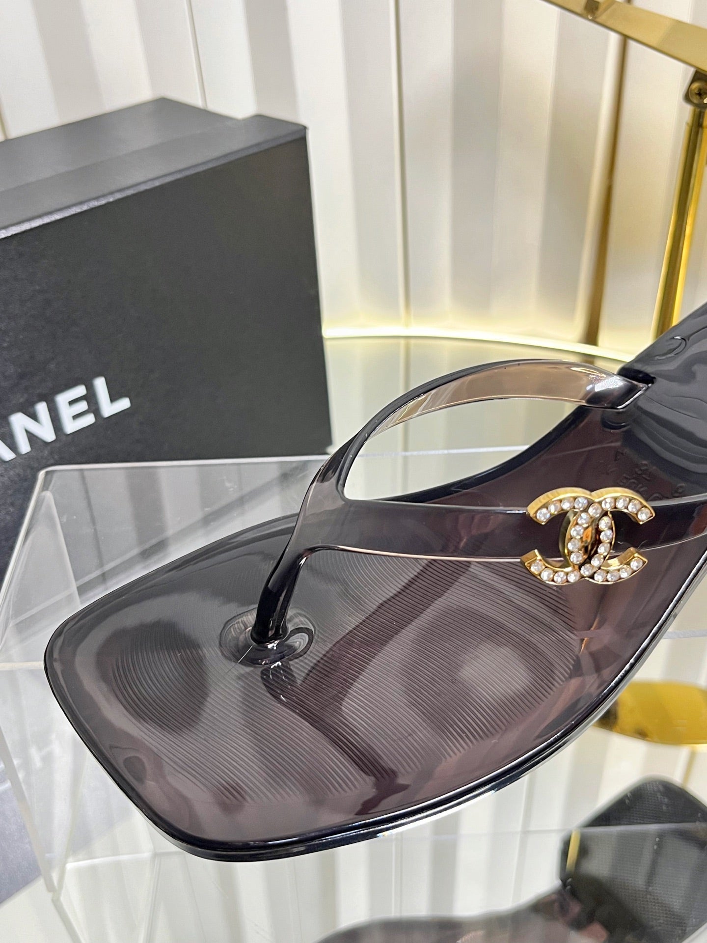 CHANEL 26S TRANSPARENT THONG SANDALS IN BLACK PVC