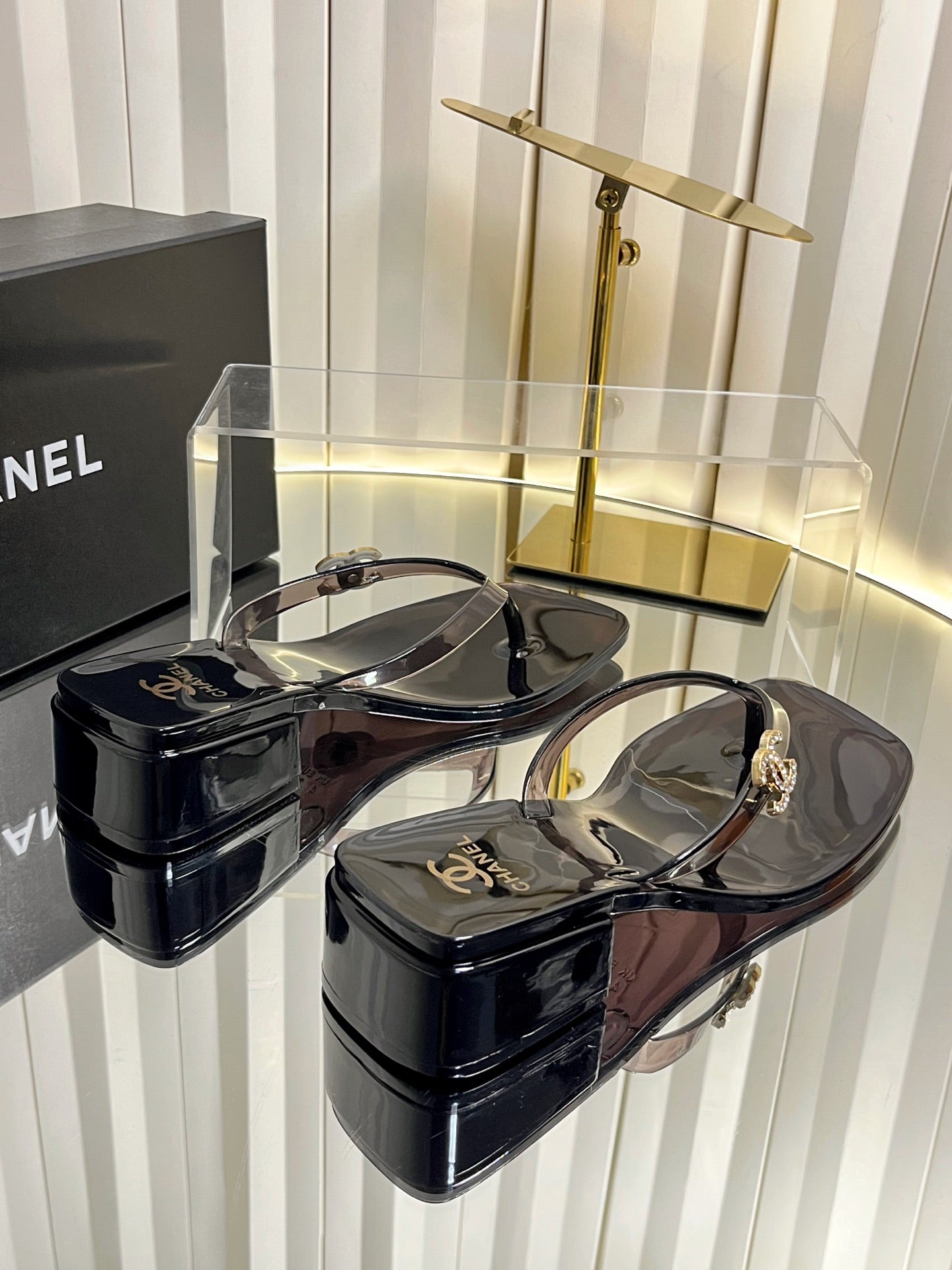 CHANEL 26S TRANSPARENT THONG SANDALS IN BLACK PVC