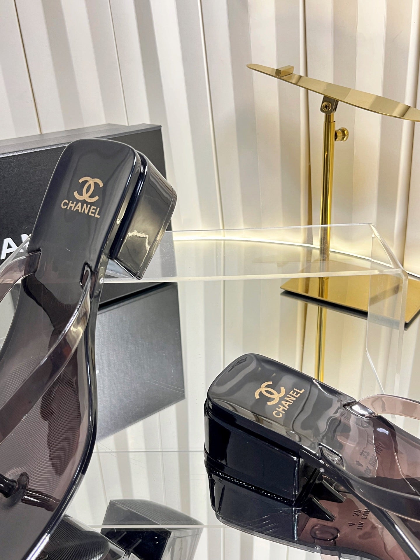 CHANEL 26S TRANSPARENT THONG SANDALS IN BLACK PVC
