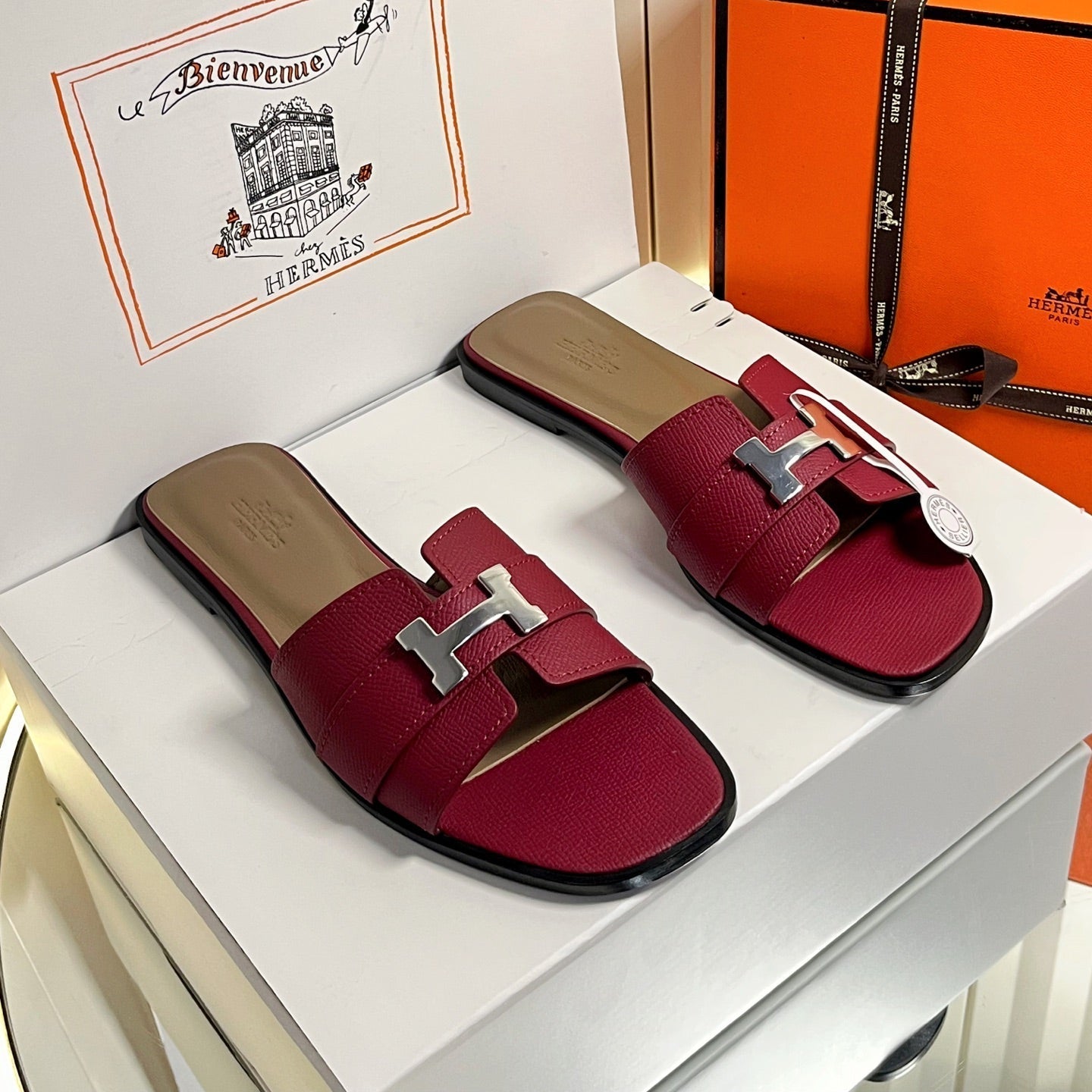 HM 26S ORAN SANDALS IN BURGUNDY RED EPSOM CALFSKIN SILVER HARDWARE