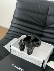 HIGH SLINGBACK IN BLACK MIX WHITE TWEED AND LAMBSKIN