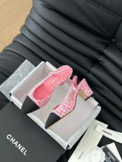 HIGH SLINGBACK IN LIGHT PINK TWEED AND BLACK LAMBSKIN