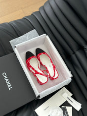 HIGH SLINGBACK IN CHERRY RED TWEED AND BLACK LAMBSKIN