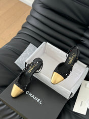 HIGH SLINGBACK IN BLACK TWEED AND GOLDEN LAMBSKIN