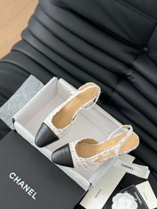 HIGH SLINGBACK IN BEIGE TWEED AND BLACK LAMBSKIN