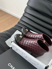 CC BALLET SHORT BOOTS 65 MM IN SANGRIA PURPLE MIX BLACK QUILTED PATTERN LAMBSKIN