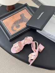 HIGH SANDALS IN PINK TWEED WITH LOGO STICKER DETAIL