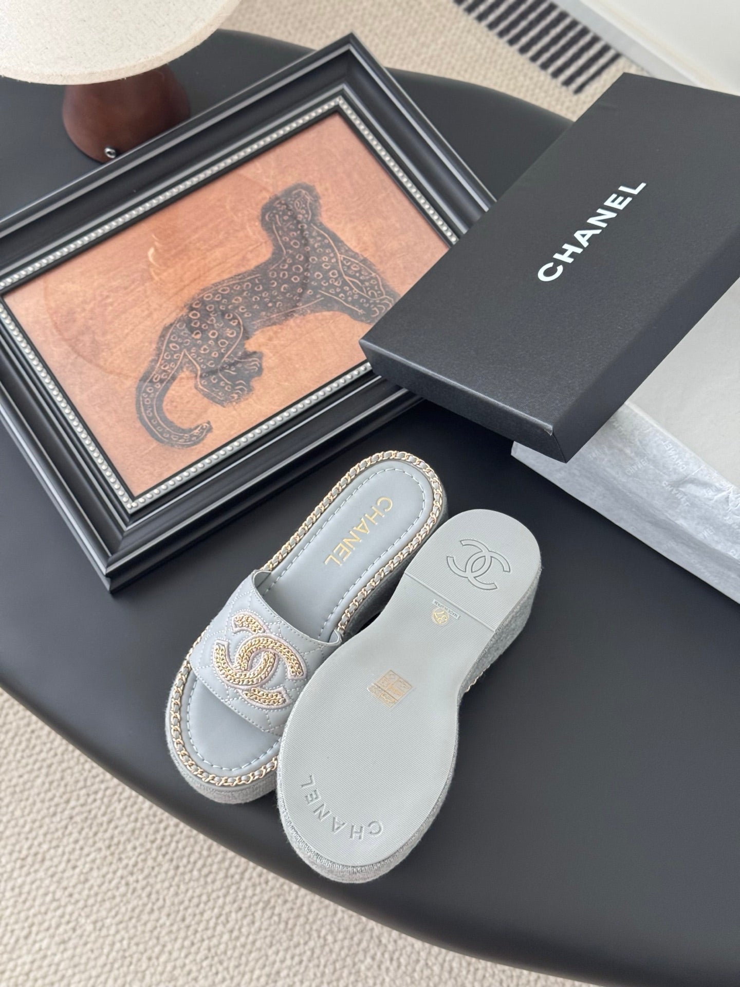 WEDGE HEELS IN BEAU BLUE CALFSKIN MIX CHAIN BASE