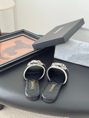 SLIPPER IN BLACK CALFSKIN MIX WOOL